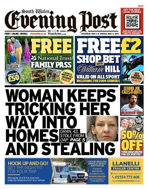 South Wales Evening Post Front page of South Wales Evening Post. Main headline reads: Woman keeps tricking her way into homes and stealing. Other headlines read: Legend Joe calls it quits. 