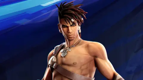 Ubisoft A computerised sketch of a male warrior character with a piercing, determined stare. He's shirtless, and his hair is styled in short locs swept to one side of his head. He wears a leather brace across his chest and a selection of amulets on leather straps around his neck.