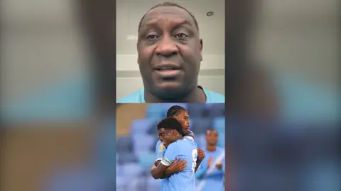 Split-screen with an image of Emile Heskey above and an image of his sons blow