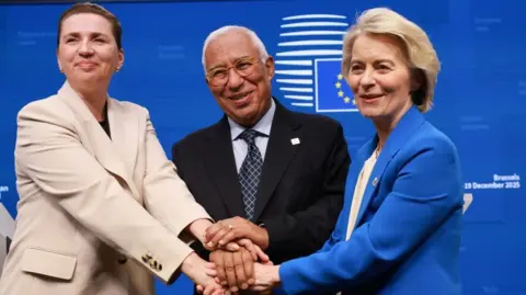 Reuters Danish Prime Minister Mette Frederiksen (L), European Council President Antonio Costa (C) and European Commission President Ursula von der Leyen