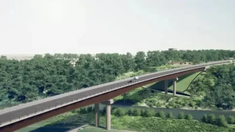 Shropshire Council A drawing of a planned road bridge over green fields and trees with a river running below it.