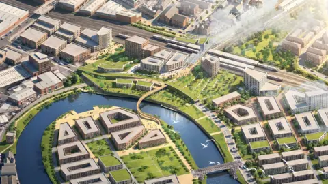 A CGI of the proposed masterplan. The station is on the top right of the image, and then there are office blocks and apartment buildings centred around a river.