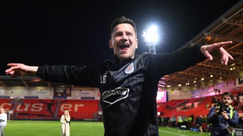 Crewe Alexandra manager Lee Bell celebrates his side's victory over Doncaster Rovers in the semi-final of the League Two play-offs