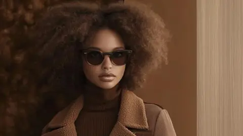 Pantone Woman wearing brown sunglasses a dark brown turtleneck and light brown fluffy coat with only the collar visible. 