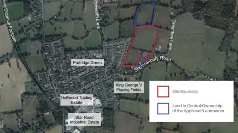 Horsham District Council A planning map of Partridge Green, showing where the proposed 120 homes will be built.