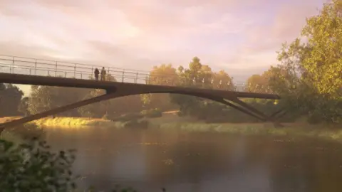 A generated image of a long footbridge that stretches over a river. It is brown and metal. Two people are standing on it.