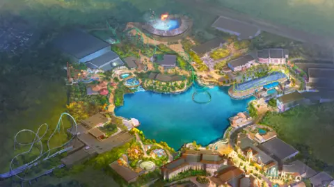 Universal Destinations & Experiences/Comcast Concept art for the park shows a large body of water surrounded by different themed zones, a few with large roller-coasters.