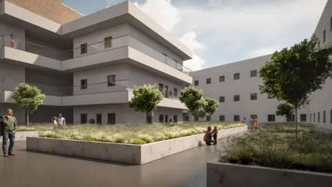 An artist impression of an atrium, featuring white rendered walls, glass balconies, and raised beds with grass and trees. People walk around this outdoor space.
