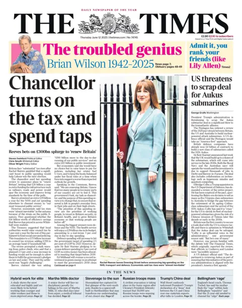The headline on the front page of The Times reads: "Chancellor turns on the tax and spend taps". 