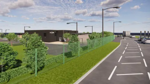 A visual impression of the future One Health Group surgical hub. The brown, single-storey building stands behind a green metal fence and is flanked by green bushes and trees.