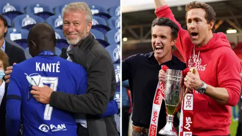 A split picture of Roman Abramovich, and Wrexham co-owners Ryan Reynolds and Rob McElhenney