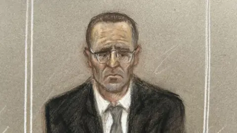 ourt artist sketch of Paul Doyle, appearing at Liverpool Crown Court, where he was being sentenced, charged with seven offences following the incident.
