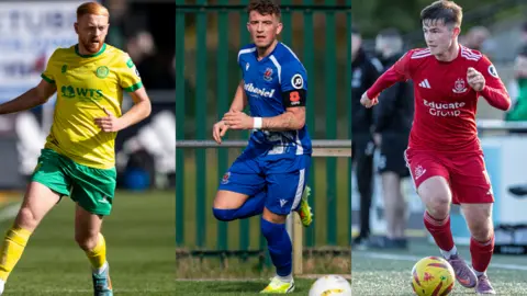 Caernarfon Town's Sion Bradley, Mael Davies of Penybont and Connah's Quay Nomads' Max Woodcock 