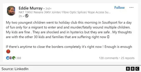  "My two youngest children went to holiday club this morning in Southport for a day of fun only for a migrant to enter and murder/fatally wound multiple children. My kids are fine. They are shocked and in hysterics, but they are safe.  My thoughts are with the other 30 kids and families that are suffering right now. If there's any time to close the borders completely it's right now!  Enough is enough." 
