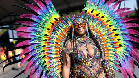 Women's EPA wear a rainbow costume that colored with a feathers cleared behind him.