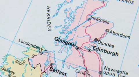 Getty Images Map of UK and Ireland zoomed in on Northern Ireland and Scotland