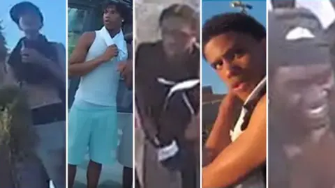 Dorset Police A composite image of eight blurry CCTV stills showing five young men in casual attire