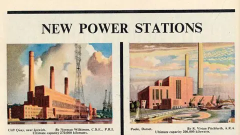 Getty Images Paintings of power stations on a printed advert, including Cliff Quay near Ipswich on the left and Poole on the right. The Poole caption reads "Ultimate capacity 200,000 kilowatts".