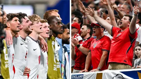 Getty Images This is a split image of the England team singing together on the left, and the fans up in the stands on the right, doing the same