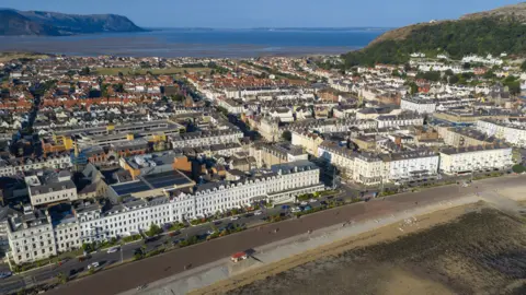 Getty Images Aerial view of Llandudno promenade [front] and West Shore beach [rear] and formally laid out streets and buildings in between
