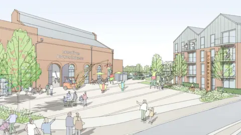 Corstophine & Wright A sketch drawn image of a public square outside the Powerhouse building