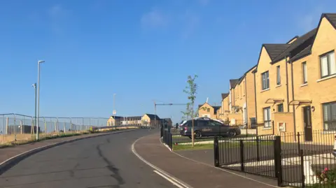 BBC A line of houses which are light coloured. There is a metal fence on the other side of the road and a shrubby area.