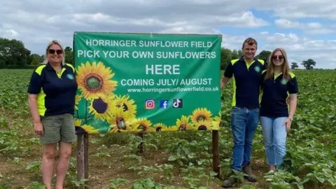 Supplied A woman standing on the left of a green sign and a man and woman standing on the right of it in a sunflower field. 