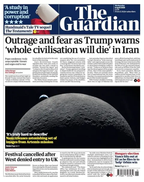 The headline on the front page of the Guardian reads: “Outrage and fear as Trump warns 'whole civilisation will die' in Iran”.
