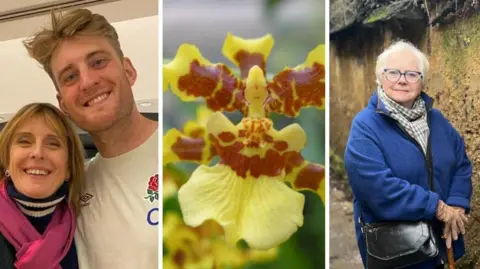 A montage of three photos, showing a man and lady together, a flower and then a lady in a blue coat