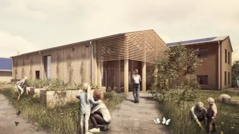 Poynton Bradbury Architects A computer generated image of what the research centre will look like. It shows two large wooden barns with planters and green space between them.