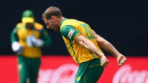 South Africa fast bowler Anrich Nortje celebrates taking a wicket