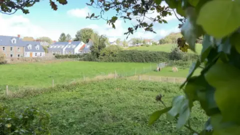 Scenic rural landscape with green fields, scattered trees, and several houses in the background. Two horses graze in a field on the right, while the foreground is framed by leafy branches. The sky is blue with scattered clouds.
