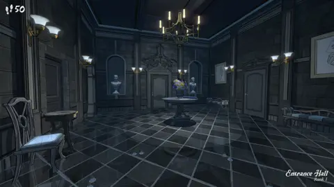 Raw Fury Screenshot shows a first-person view of a luxurious welcome hall with tiled floor and a door on each visible wall. Two marble busts sit in recesses on either side of the north-facing door.