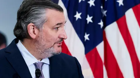 Senator Ted Cruz speaks at an event in front of a US flag