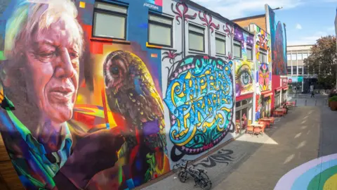 Five spray paint designs were added on to the walls of a lane. There is a mural of Sir David Attenborough with a graffiti cartoon owl sitting on his finger. Next to this is a blue and yellow graffiti design with the phrase 'Cheers Drive'. Above a shop window is a detailed eye design using yellow and purple colours. In the distance there are two more spray paint designs which leads on to the main footpath of Cabot Circus. There is a parked bike underneath the Cheers Drive design and tables and chairs next to the shop windows. 