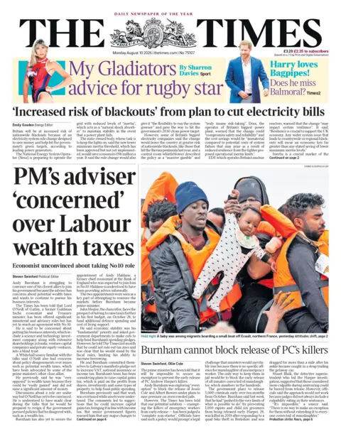 "PM's adviser 'concerned' over Labour wealth taxes," reads the headline on the front page of the Times. 