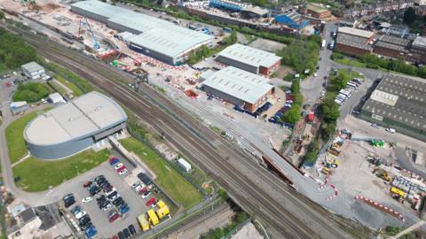 An aerial view of the railway at Duddeston Mill Road in Birmingham