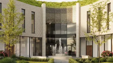 UKIM Peterborough An artists impression of a beige two-storey building. There are large glass windows and in front is a fountain, two large trees and a variety of shrubs. 