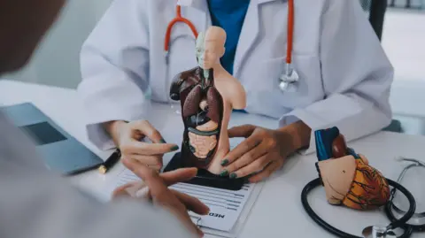 Doctor explaining heart to elderly patient. 