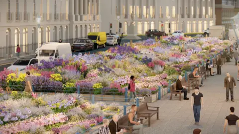 Eastbourne Borough Council A computer generated image showing large wild flowerbeds filled with different colours of flowers on a promenade.