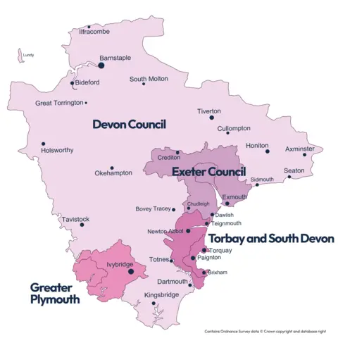 Devon County Council A map showing the new boundaries for unitary councils in Devon to be introduced in 2028