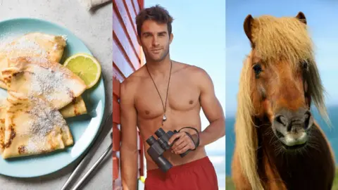 Three way split of pancakes on a plate with a slice of lemon, a topless lifeguard, a shetland pony