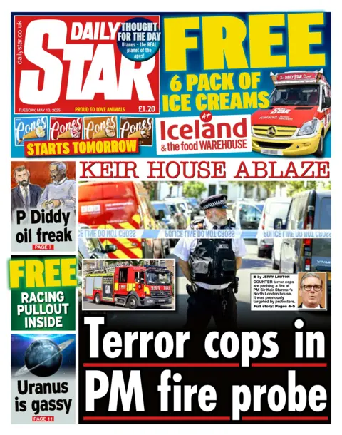  "Terror cops in PM fire probe." The image shows a police officer behind police tape.