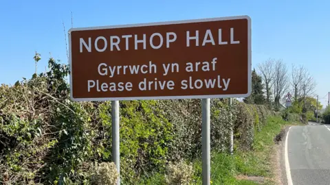 Photograph of a road sign reading: "Northop Hall. Gyrrwch yn araf. Please Drive slowly". 