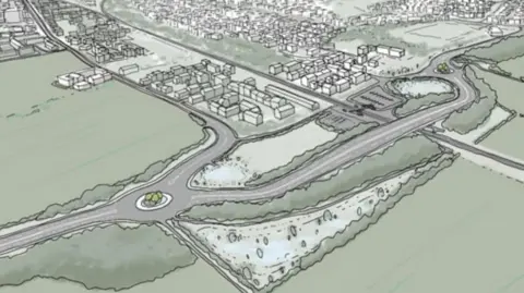 An artist's impression of the Chase Farm Link road. The road leads off from a roundabout towards Blyth.