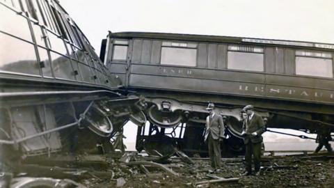 An image from 1926 of Flying Scotsman after it was derailed - the two carriages are lying partly on and partly off the track
