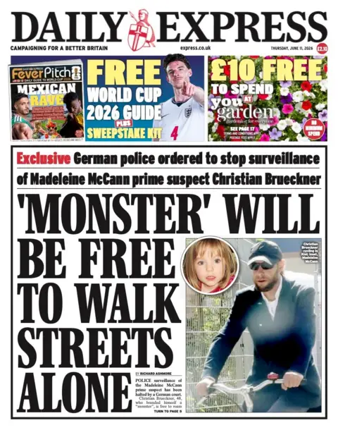 The headline on the front page of the Daily Express reads: "Monster will be free to walk streets alone."