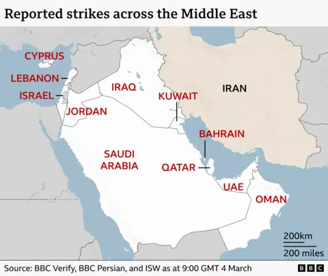 A regional map highlighting Iran in white with its name in black. Countries that have come under fire from Iran are labelled in red - Israel, Kuwait, Jordan, Bahrain, Qatar, UAE. Surrounding countries are grey.