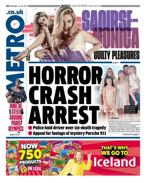 Headline of the Metro reads: Horror crash arrest