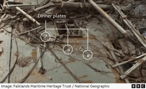 Falklands Maritime Heritage Trust / National Geographic Small white plates lie among the wreckage. They are circled to show up better.